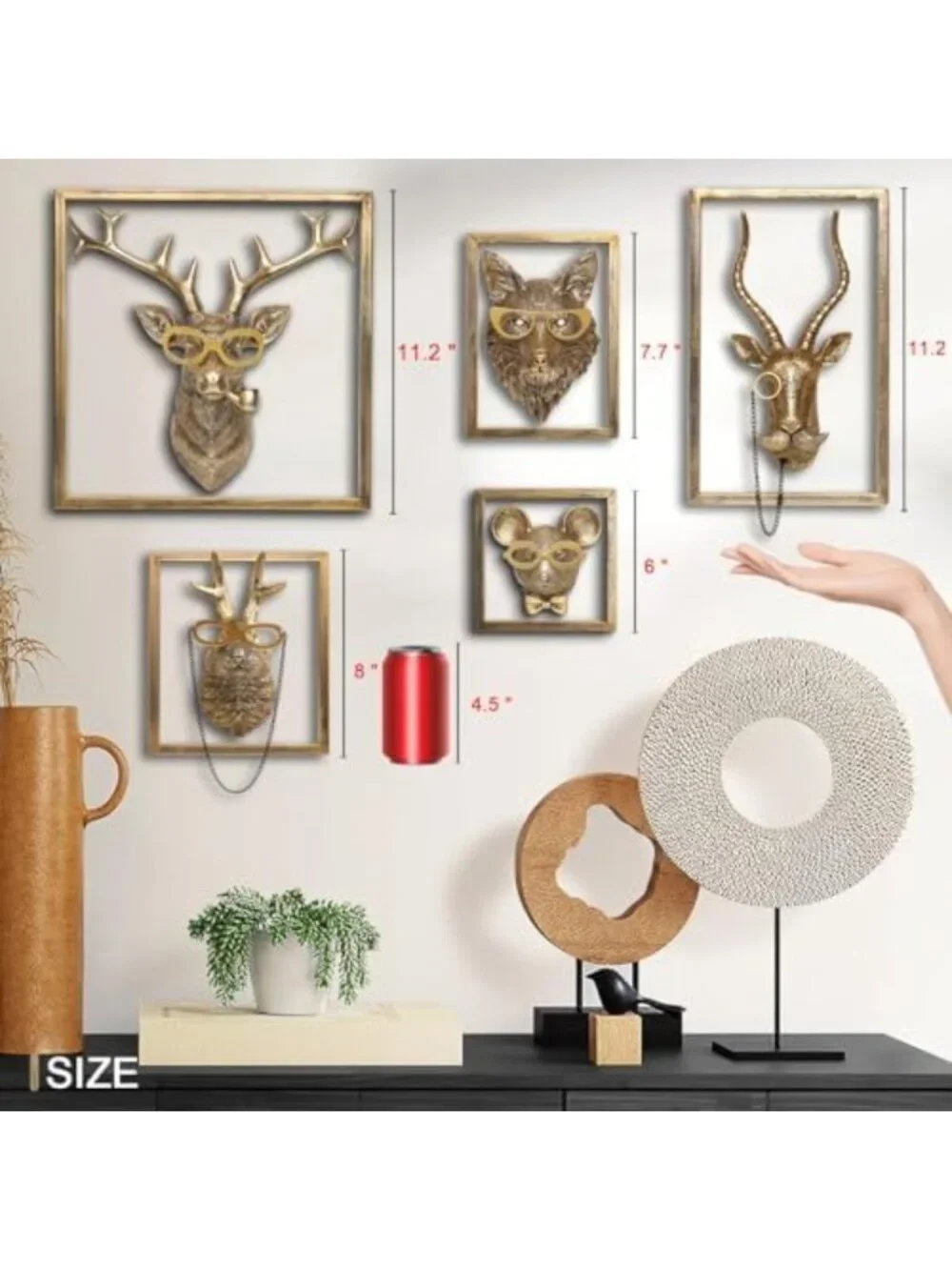 Vintage Animal Heads Wall Decor - Gold Resin Sculptures with Metal Frame for